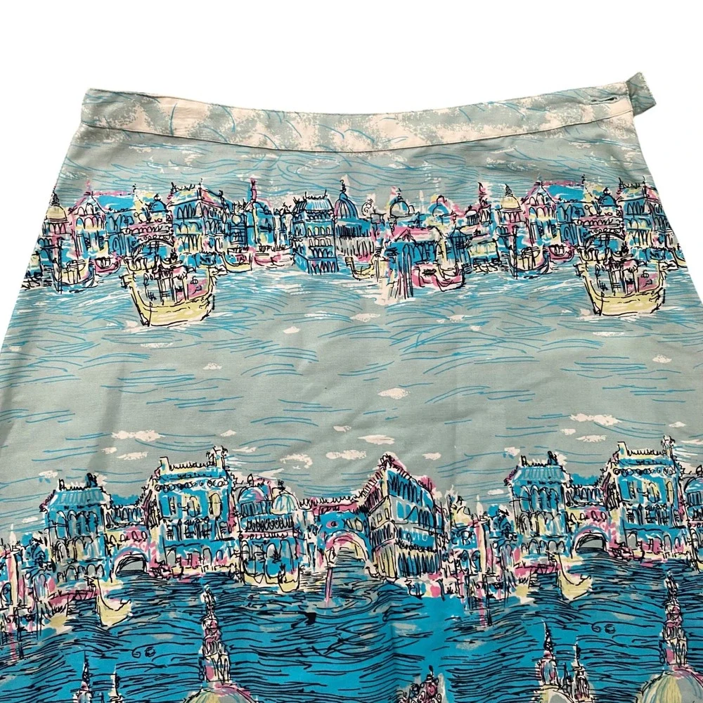 Elevenses Anthropologie Venice Canal Cityscape Cotton A-Line Skirt Blue Size 6